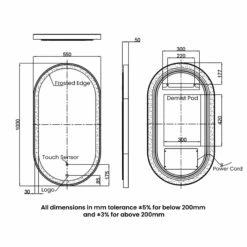 RAK Art Oval LED Illuminated Bathroom Mirror With Demister Pad 1000mm H X 550mm W - Brushed Gold