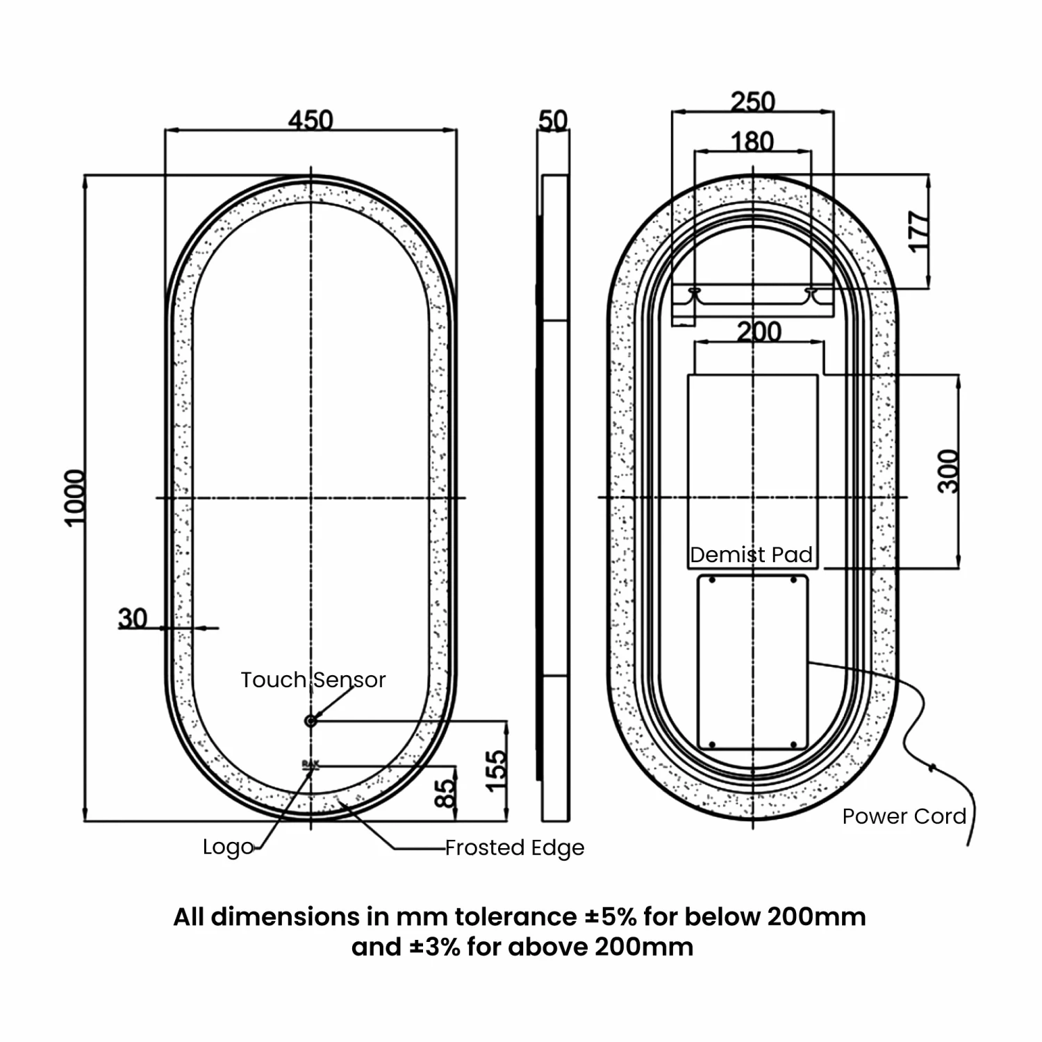 RAK Art Oval LED Illuminated Bathroom Mirror With Demister Pad 1000mm H X 450mm W - Chrome 4 RAK Art Oval LED Illuminated Bathroom Mirror With Demister Pad 1000mm H X 450mm W - Chrome - Image 2