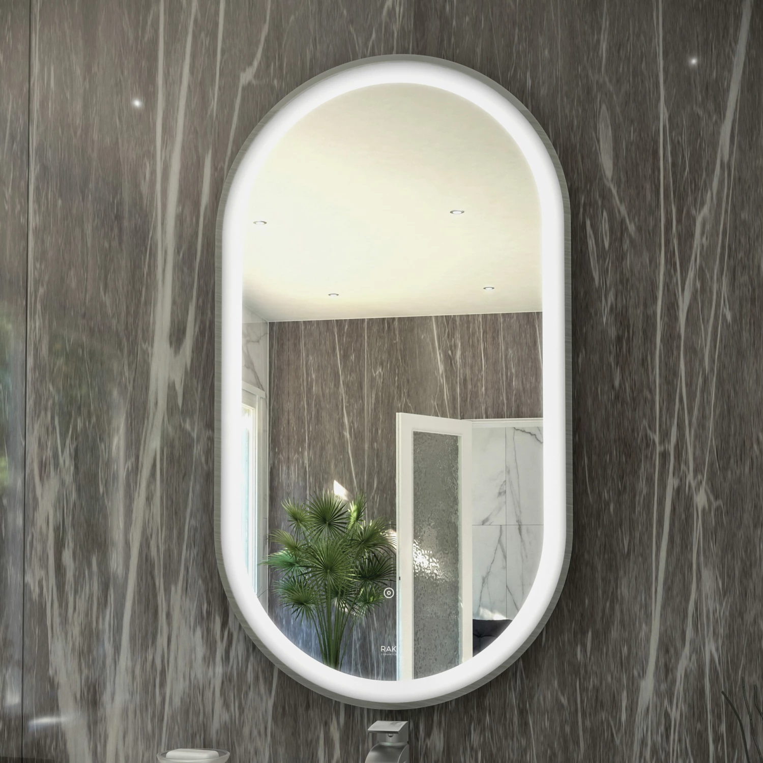 RAK Art Oval LED Illuminated Bathroom Mirror With Demister Pad 1000mm H X 550mm W - Brushed Nickel 4 RAK Art Oval LED Illuminated Bathroom Mirror With Demister Pad 1000mm H X 550mm W - Brushed Nickel - Image 2