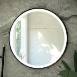 RAK Art Round LED Illuminated Bathroom Mirror With Demister Pad 800mm Diameter - Matt Black