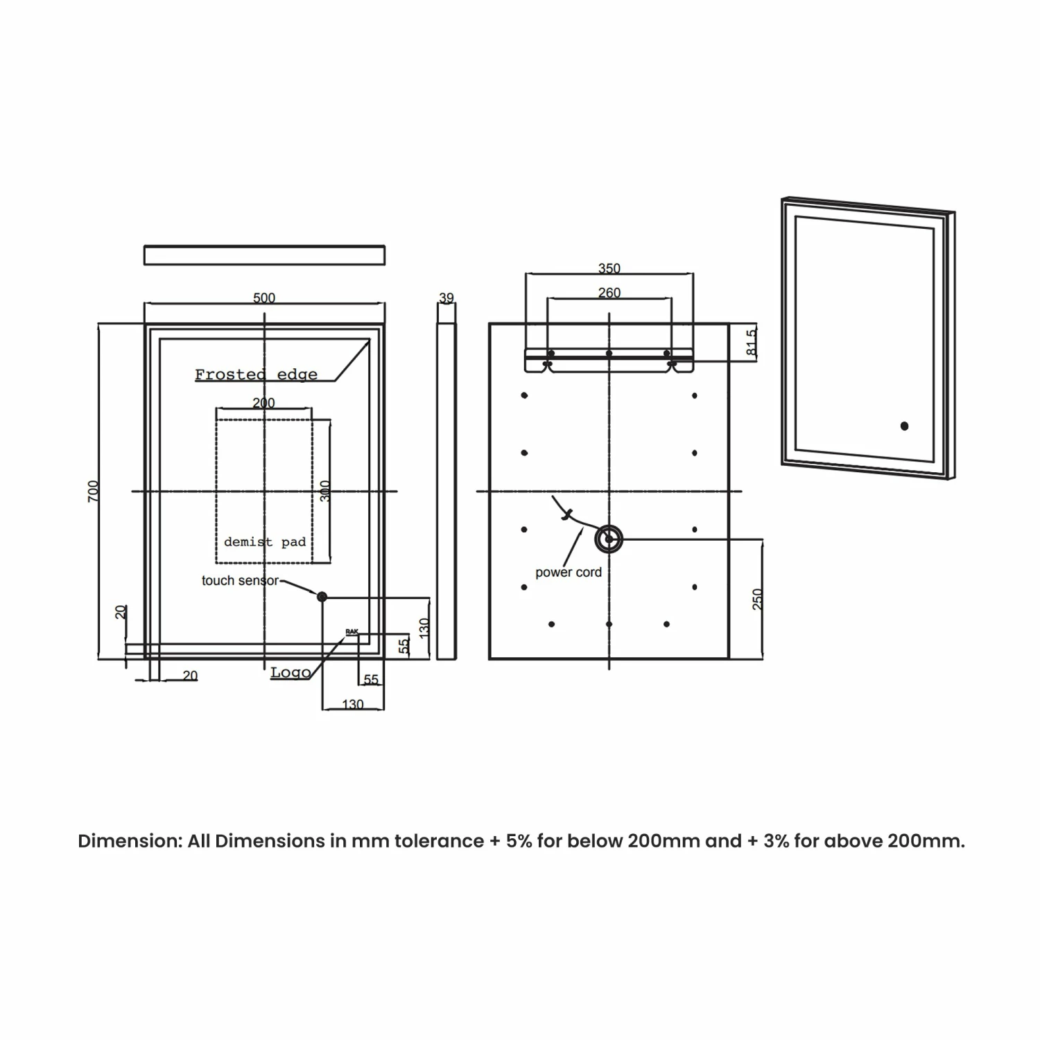 RAK Art Square LED Bathroom Mirror With Demister Pad 700mm H X 500mm W - Brushed Gold 4 RAK Art Square LED Bathroom Mirror With Demister Pad 700mm H X 500mm W - Brushed Gold - Image 2