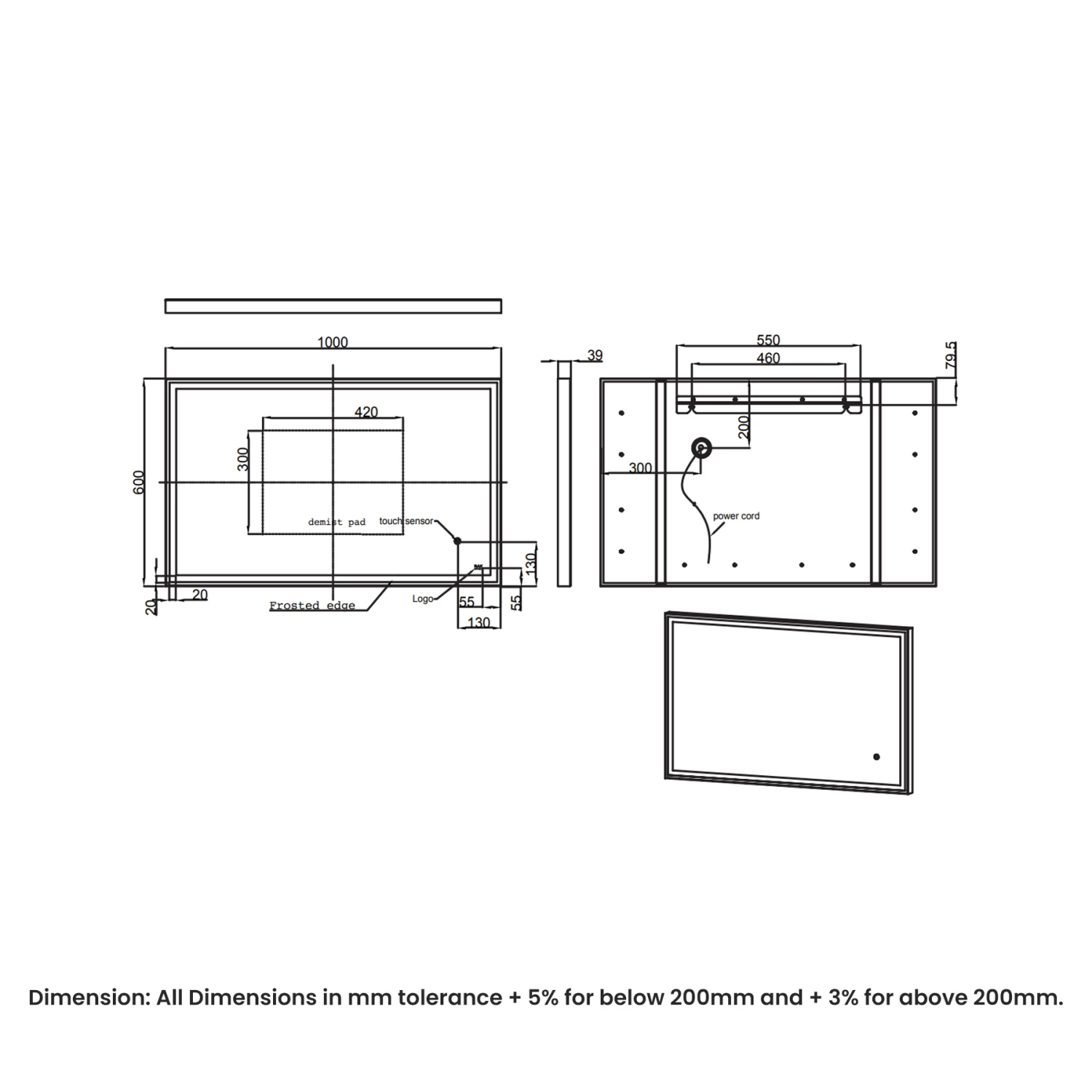 RAK Art Square LED Bathroom Mirror With Demister Pad 600mm H X 1000mm W - Matt Black 4 RAK Art Square LED Bathroom Mirror With Demister Pad 600mm H X 1000mm W - Matt Black - Image 2