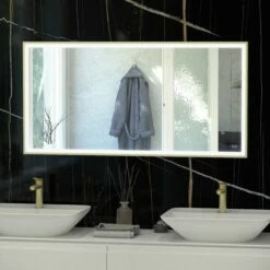 RAK Art Square LED Bathroom Mirror With Demister Pad 600mm H X 1200mm W - Brushed Gold -HEATANDPLUMB Sales rak ceramics art bathroom mirror rakartsqbg5003 3