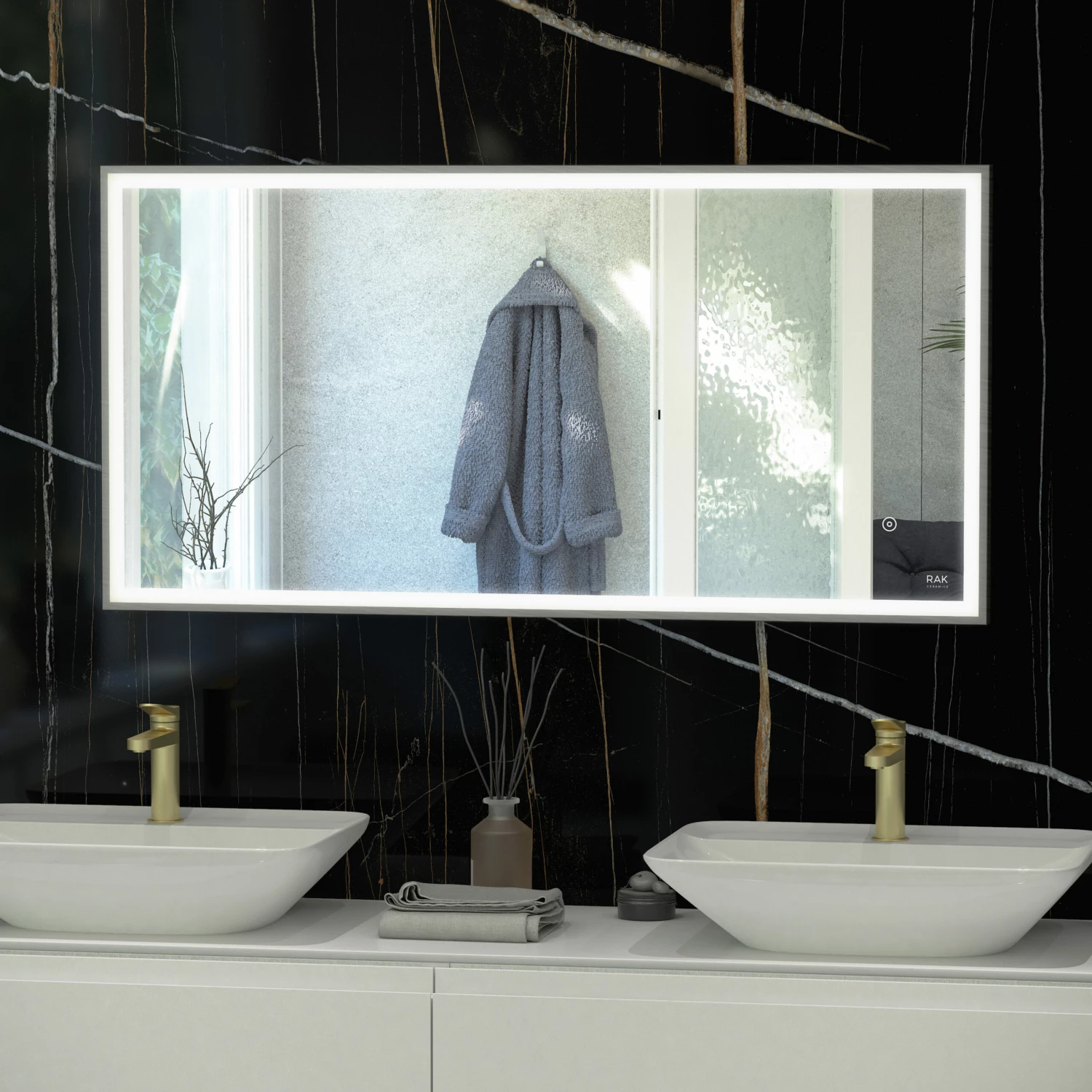 RAK Art Square LED Bathroom Mirror With Demister Pad 600mm H X 1000mm W - Brushed Nickel 3 RAK Art Square LED Bathroom Mirror With Demister Pad 600mm H X 1000mm W - Brushed Nickel