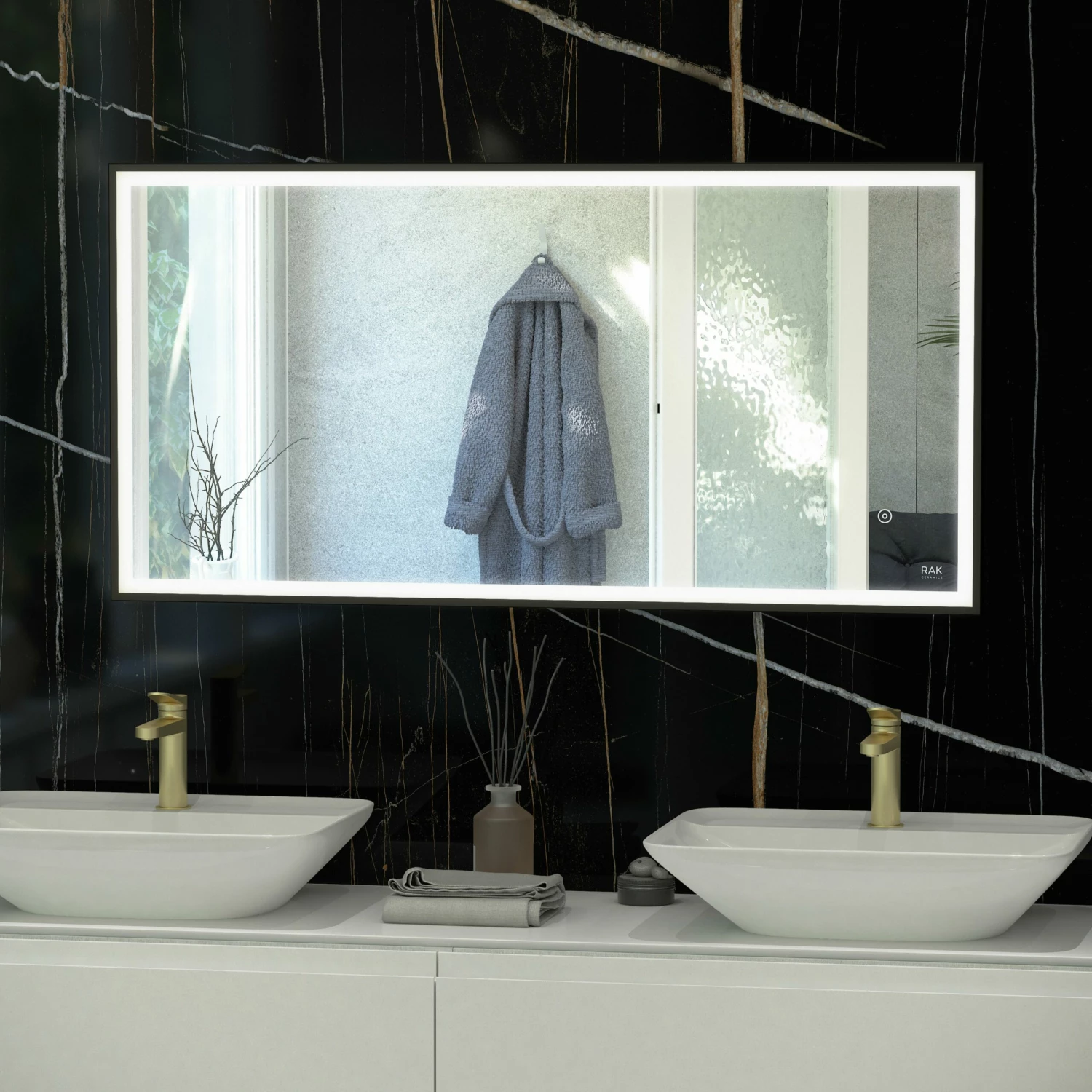 RAK Art Square LED Bathroom Mirror With Demister Pad 600mm H X 1000mm W - Matt Black 3 RAK Art Square LED Bathroom Mirror With Demister Pad 600mm H X 1000mm W - Matt Black