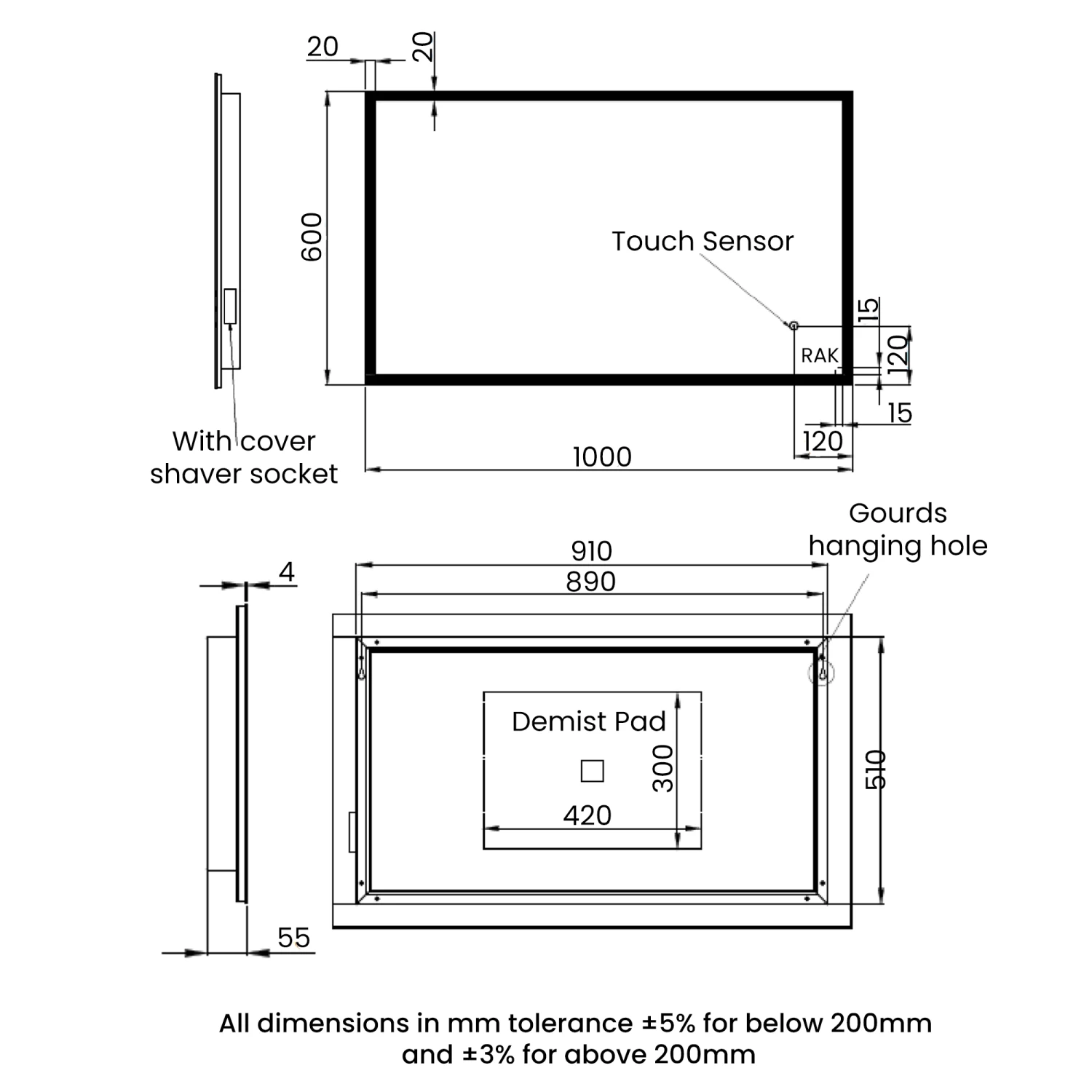 RAK Cupid Landscape LED Mirror With Switch And Demister Pad 600mm H X 1000mm W Illuminated 5 RAK Cupid Landscape LED Mirror With Switch And Demister Pad 600mm H X 1000mm W Illuminated - Image 3