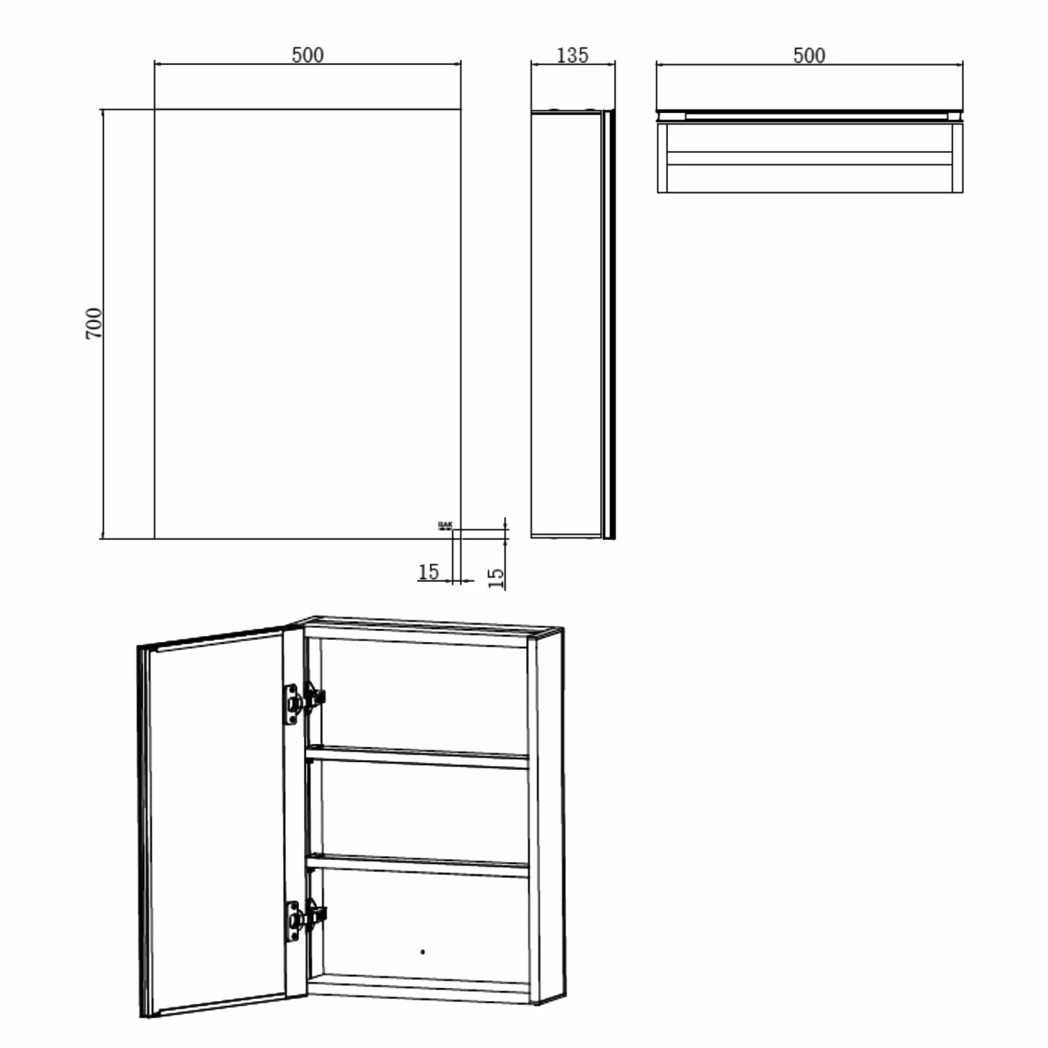 RAK Gemini 1-Door Mirrored Bathroom Cabinet 700mm H X 500mm W - Stainless Steel 4 RAK Gemini 1-Door Mirrored Bathroom Cabinet 700mm H X 500mm W - Stainless Steel - Image 2