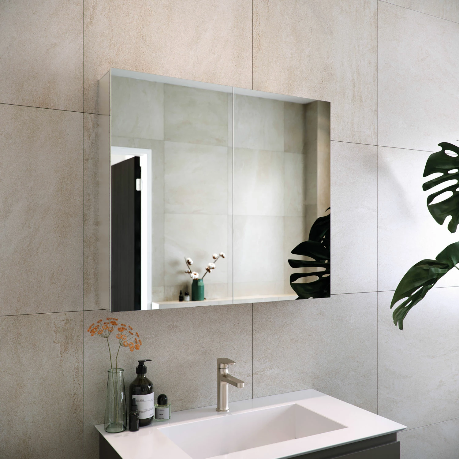 RAK Gemini 2-Door Mirrored Bathroom Cabinet 600mm H X 700mm W - Stainless Steel 3 RAK Gemini 2-Door Mirrored Bathroom Cabinet 600mm H X 700mm W - Stainless Steel