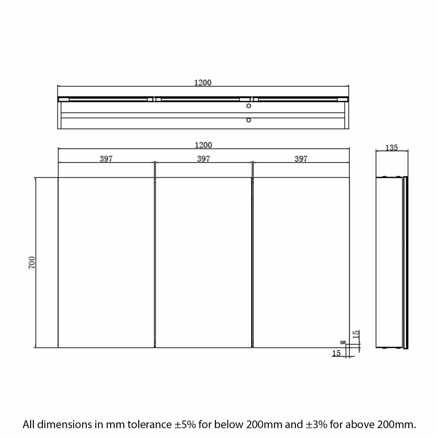 RAK Gemini 3-Door Mirrored Bathroom Cabinet 700mm H X 1200mm W - Stainless Steel 4 RAK Gemini 3-Door Mirrored Bathroom Cabinet 700mm H X 1200mm W - Stainless Steel - Image 2