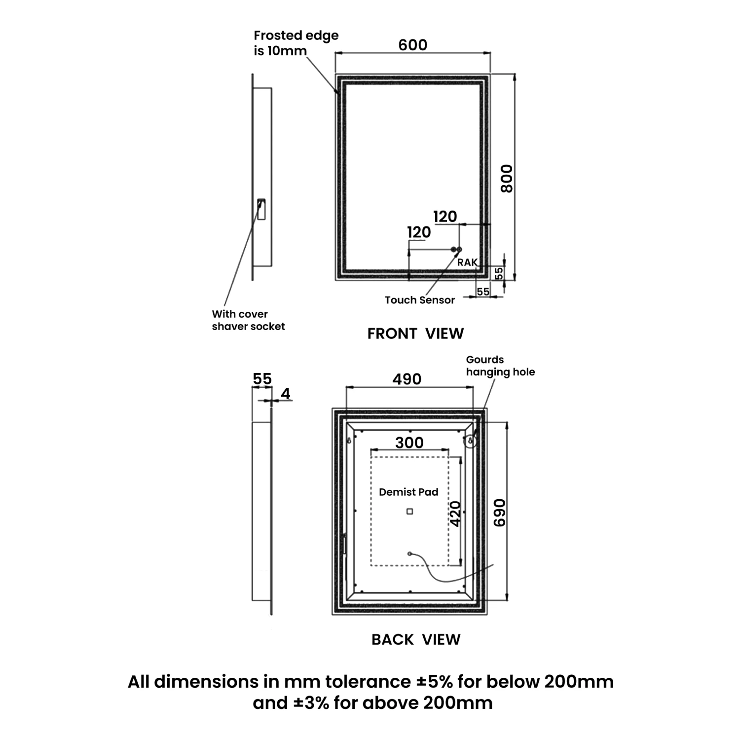 RAK Hermes Portrait LED Mirror With Switch And Demister Pad 800mm H X 600mm W Illuminated 5 RAK Hermes Portrait LED Mirror With Switch And Demister Pad 800mm H X 600mm W Illuminated - Image 3