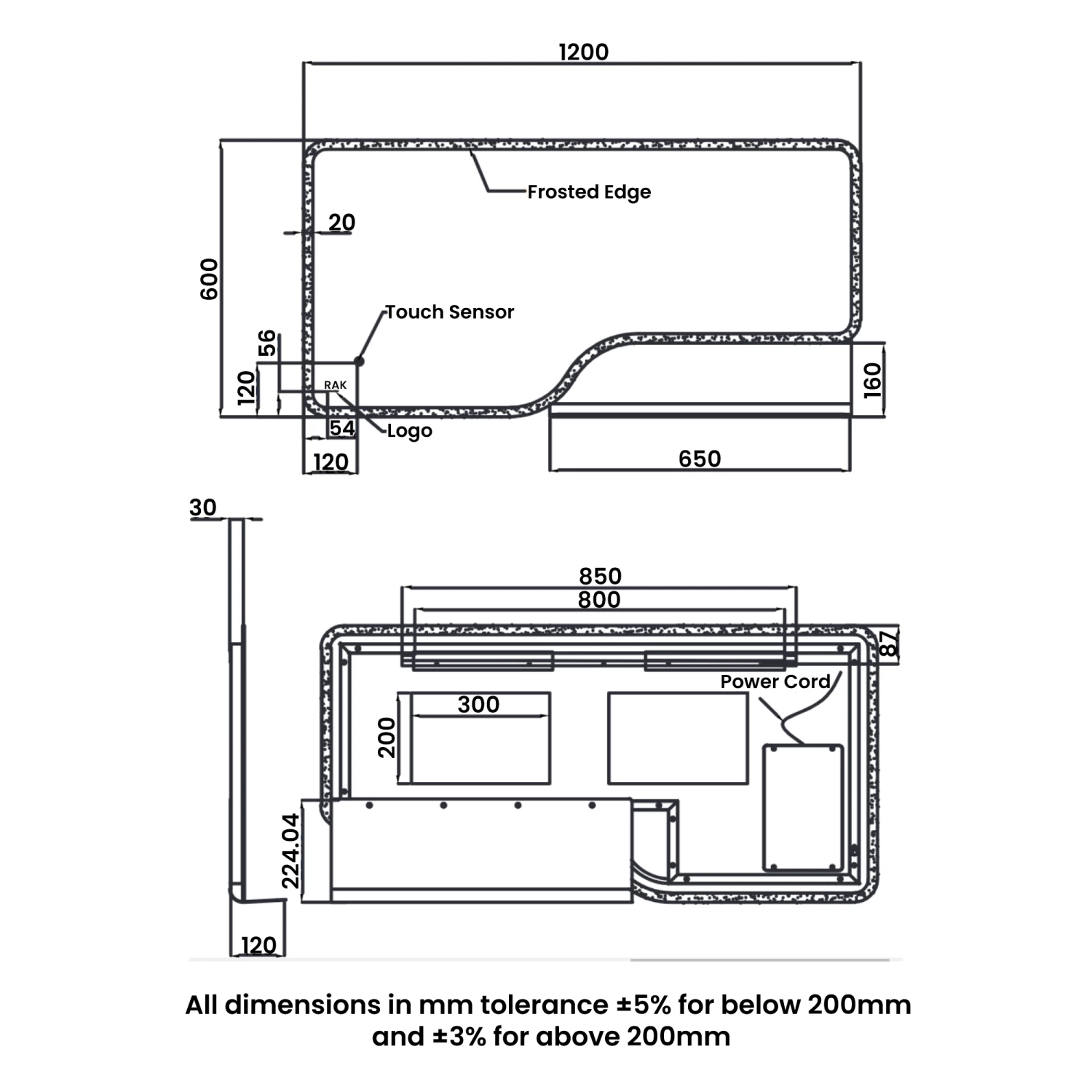 RAK Ornate LED Illuminated Bathroom Mirror With Demister Pad 600mm H X 1200mm W - Matt Black 3 RAK Ornate LED Illuminated Bathroom Mirror With Demister Pad 600mm H X 1200mm W - Matt Black