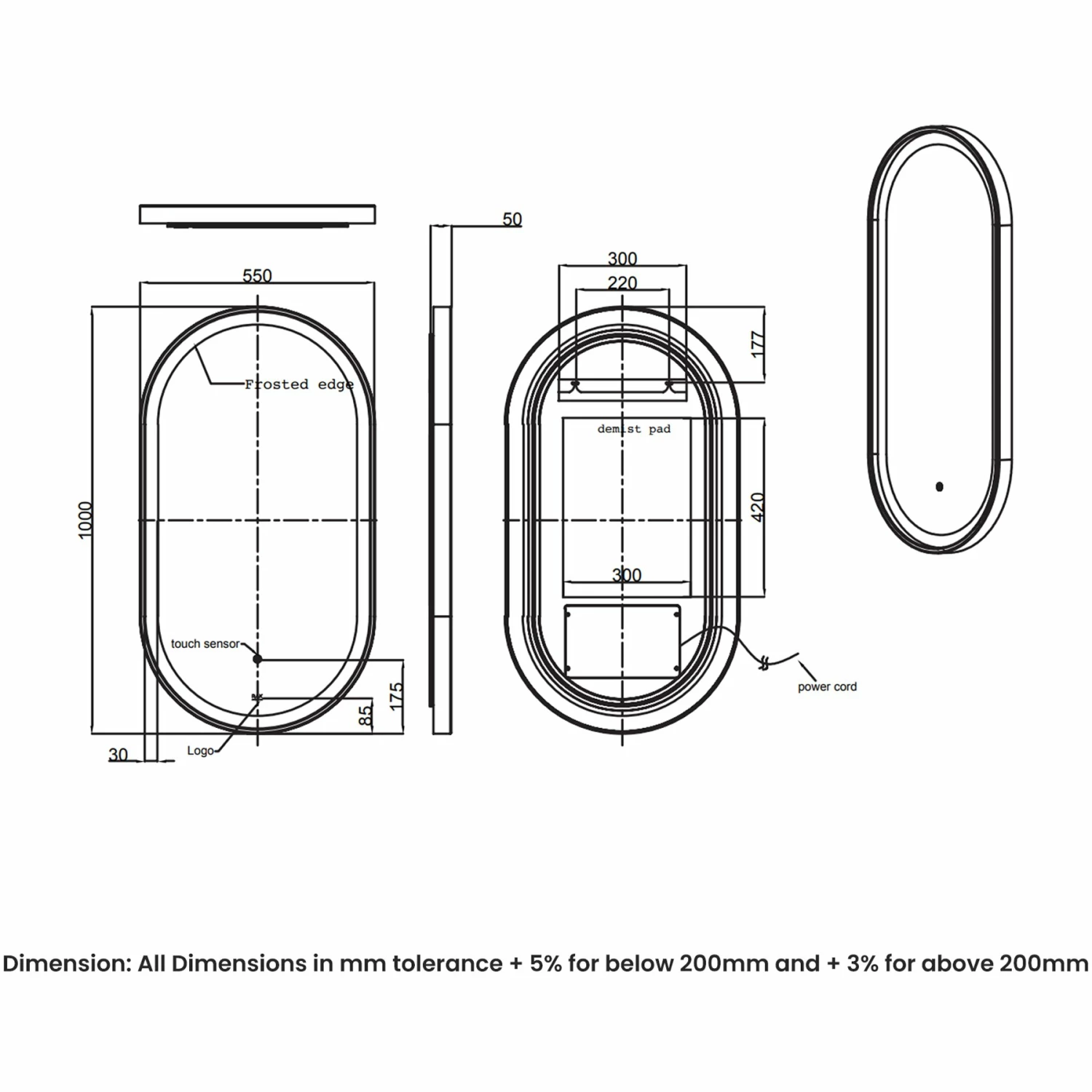 RAK Picture Oval LED Illuminated Bathroom Mirror With Demister Pad 1000mm H X 550mm W - Brushed Nickel 3 RAK Picture Oval LED Illuminated Bathroom Mirror With Demister Pad 1000mm H X 550mm W - Brushed Nickel