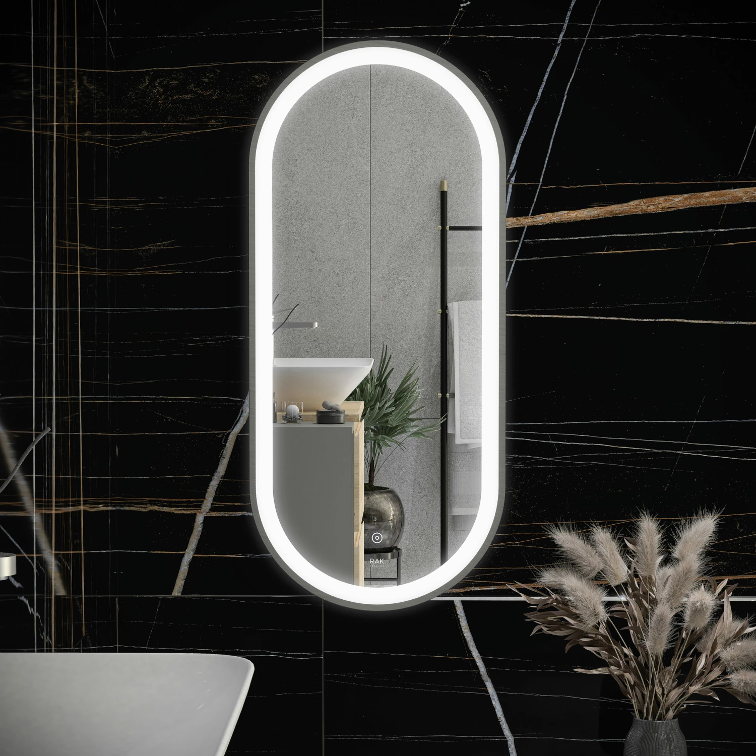 RAK Picture Oval LED Illuminated Bathroom Mirror With Demister Pad 1000mm H X 450mm W - Brushed Nickel 4 RAK Picture Oval LED Illuminated Bathroom Mirror With Demister Pad 1000mm H X 450mm W - Brushed Nickel - Image 2
