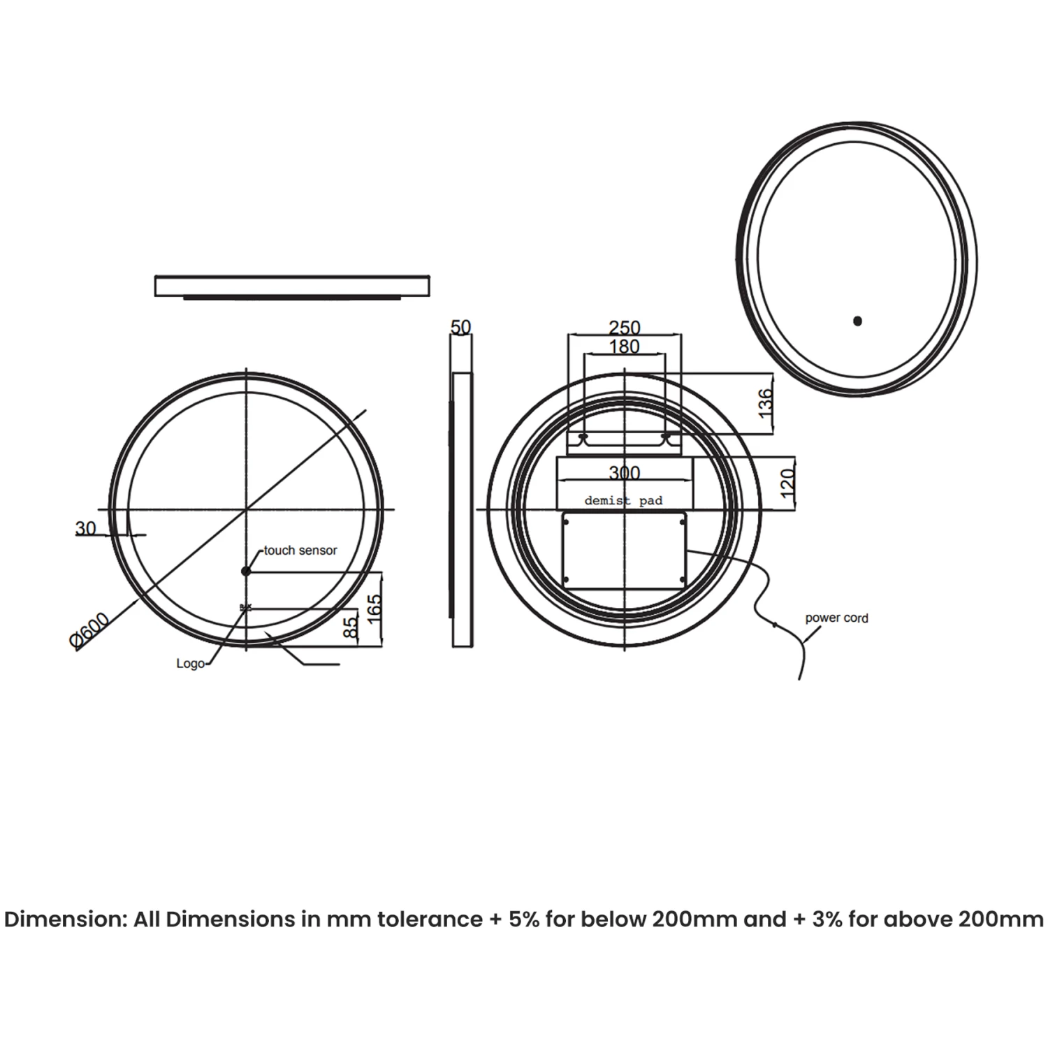 RAK Picture Round LED Illuminated Bathroom Mirror With Demister Pad 600mm Diameter - Brushed Gold 4 RAK Picture Round LED Illuminated Bathroom Mirror With Demister Pad 600mm Diameter - Brushed Gold - Image 2