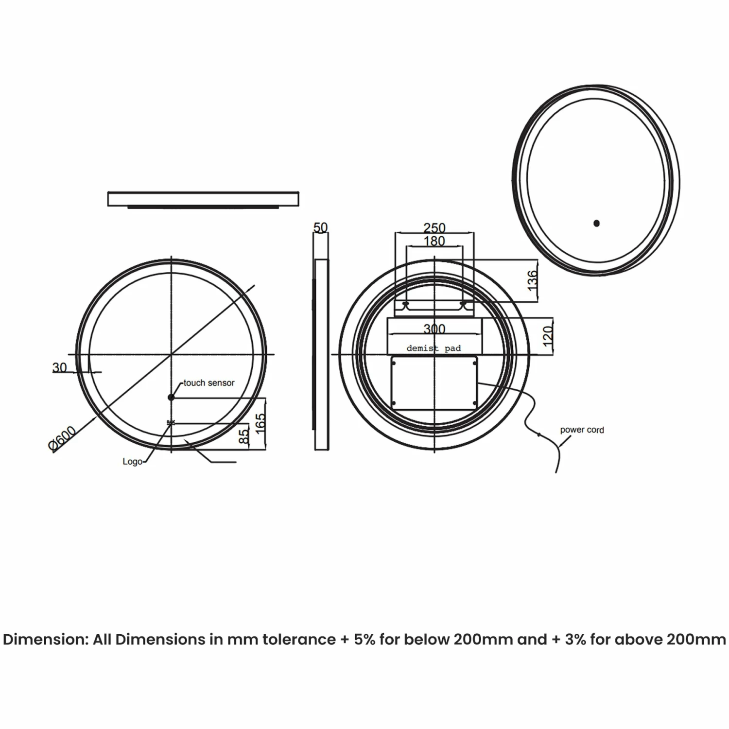 RAK Picture Round LED Illuminated Bathroom Mirror With Demister Pad 600mm Diameter - Chrome 4 RAK Picture Round LED Illuminated Bathroom Mirror With Demister Pad 600mm Diameter - Chrome - Image 2