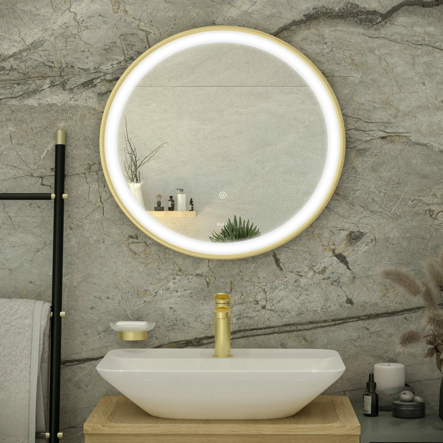 RAK Picture Round LED Illuminated Bathroom Mirror With Demister Pad 800mm Diameter - Brushed Gold 4 RAK Picture Round LED Illuminated Bathroom Mirror With Demister Pad 800mm Diameter - Brushed Gold - Image 2