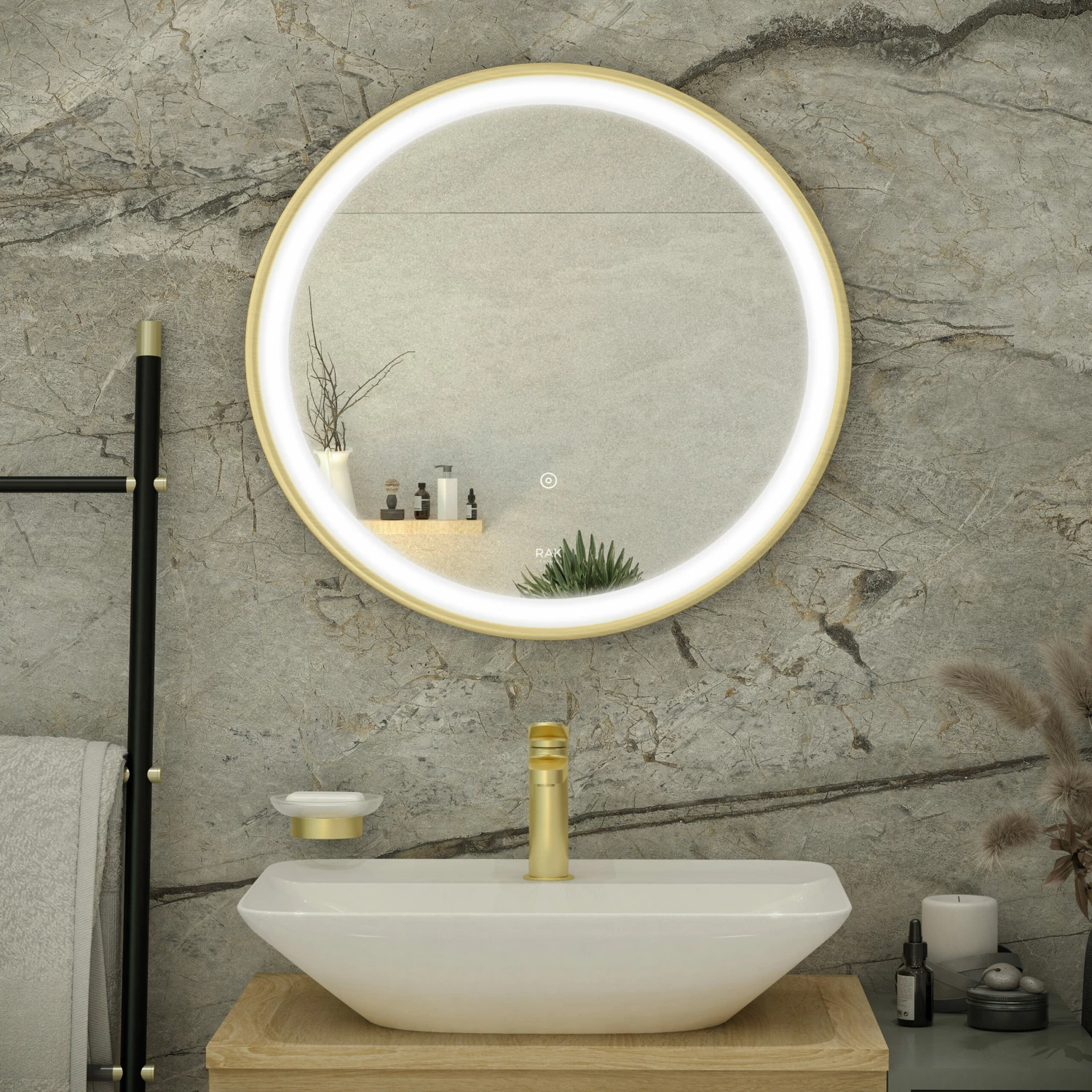 RAK Picture Round LED Illuminated Bathroom Mirror With Demister Pad 600mm Diameter - Brushed Gold 3 RAK Picture Round LED Illuminated Bathroom Mirror With Demister Pad 600mm Diameter - Brushed Gold