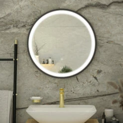 RAK Picture Round LED Illuminated Bathroom Mirror With Demister Pad 600mm Diameter - Matt Black