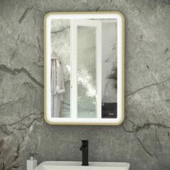 RAK Picture Soft LED Illuminated Bathroom Mirror With Demister Pad 800mm H X 600mm W - Brushed Gold -HEATANDPLUMB Sales rak ceramics picture bathroom mirror rakpicsfbg5001 1