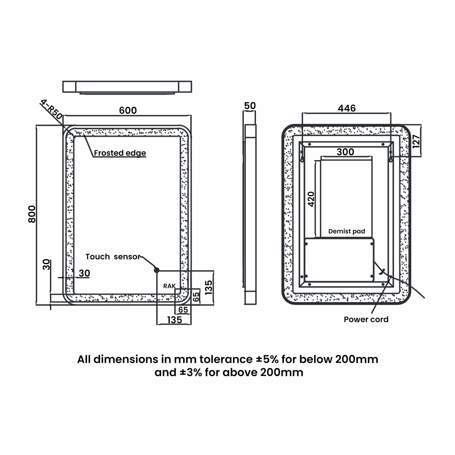 RAK Picture Soft LED Illuminated Bathroom Mirror With Demister Pad 800mm H X 600mm W - Matt Black 4 RAK Picture Soft LED Illuminated Bathroom Mirror With Demister Pad 800mm H X 600mm W - Matt Black - Image 2