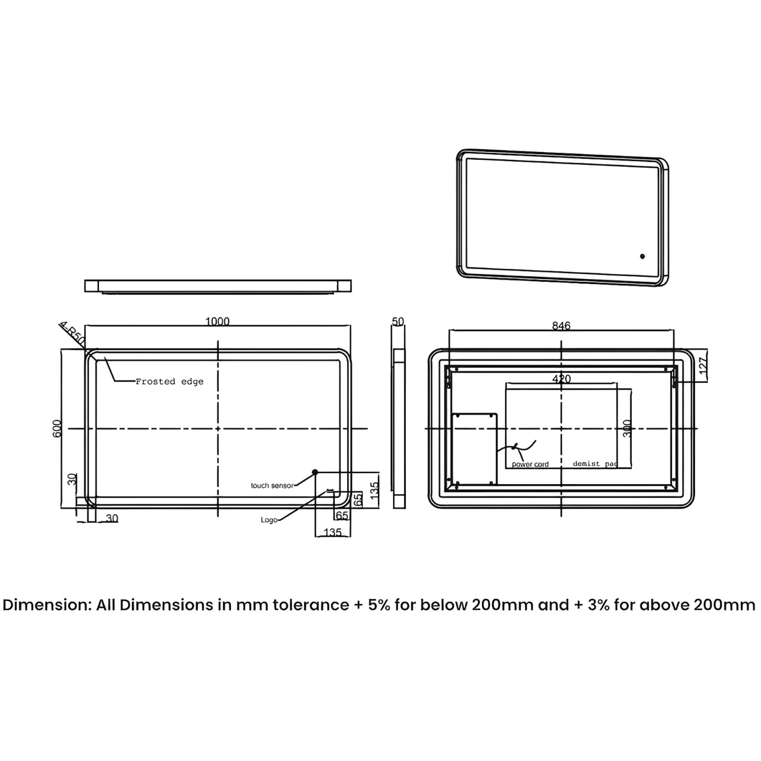 RAK Picture Soft LED Illuminated Bathroom Mirror With Demister Pad 600mm H X 1000mm W - Brushed Gold 4 RAK Picture Soft LED Illuminated Bathroom Mirror With Demister Pad 600mm H X 1000mm W - Brushed Gold - Image 2