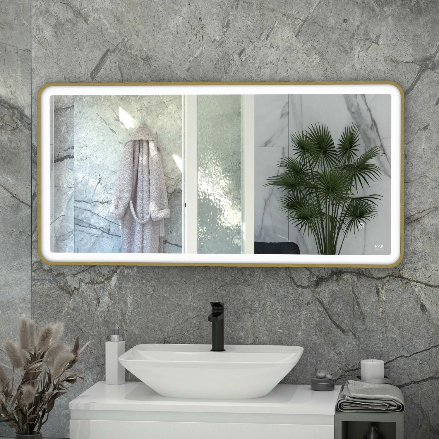 RAK Picture Soft LED Illuminated Bathroom Mirror With Demister Pad 600mm H X 1200mm W - Brushed Gold 3 RAK Picture Soft LED Illuminated Bathroom Mirror With Demister Pad 600mm H X 1200mm W - Brushed Gold