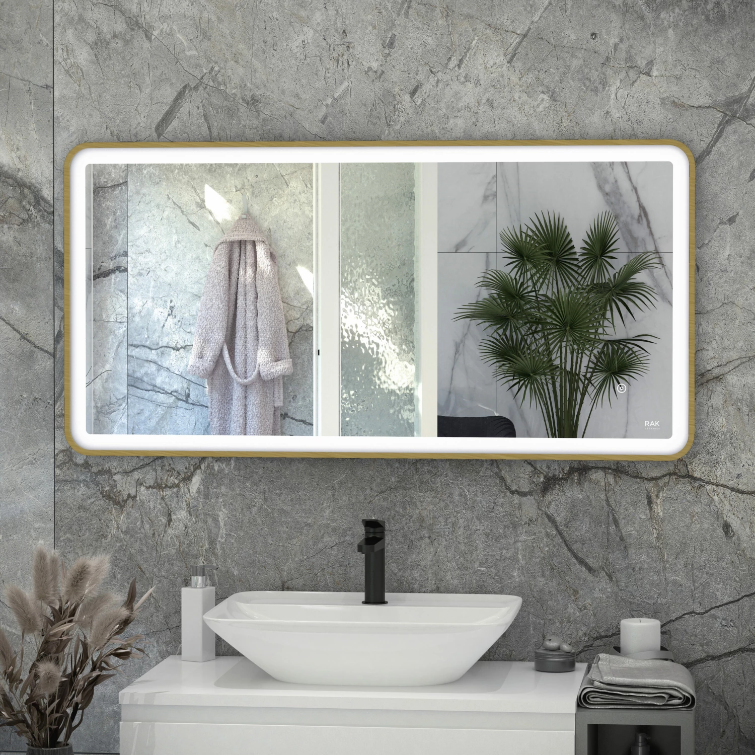 RAK Picture Soft LED Illuminated Bathroom Mirror With Demister Pad 600mm H X 1000mm W - Brushed Gold 3 RAK Picture Soft LED Illuminated Bathroom Mirror With Demister Pad 600mm H X 1000mm W - Brushed Gold