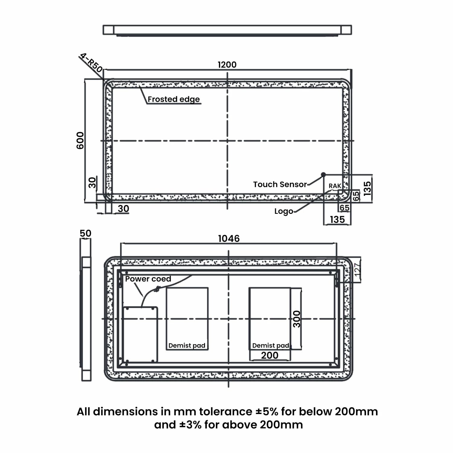 RAK Picture Soft LED Illuminated Bathroom Mirror With Demister Pad 600mm H X 1200mm W - Brushed Gold 4 RAK Picture Soft LED Illuminated Bathroom Mirror With Demister Pad 600mm H X 1200mm W - Brushed Gold - Image 2