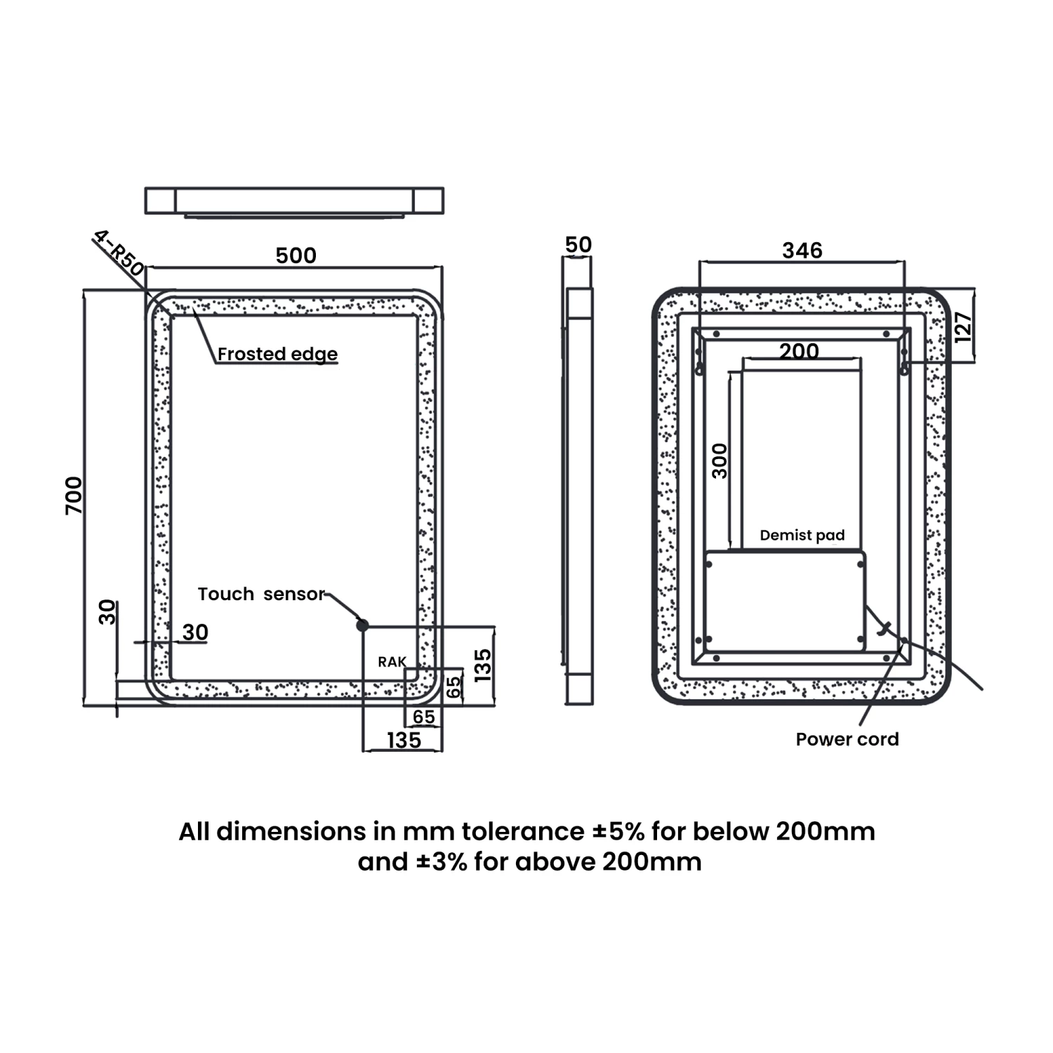 RAK Picture Soft LED Illuminated Bathroom Mirror With Demister Pad 700mm H X 500mm W - Brushed Gold 3 RAK Picture Soft LED Illuminated Bathroom Mirror With Demister Pad 700mm H X 500mm W - Brushed Gold