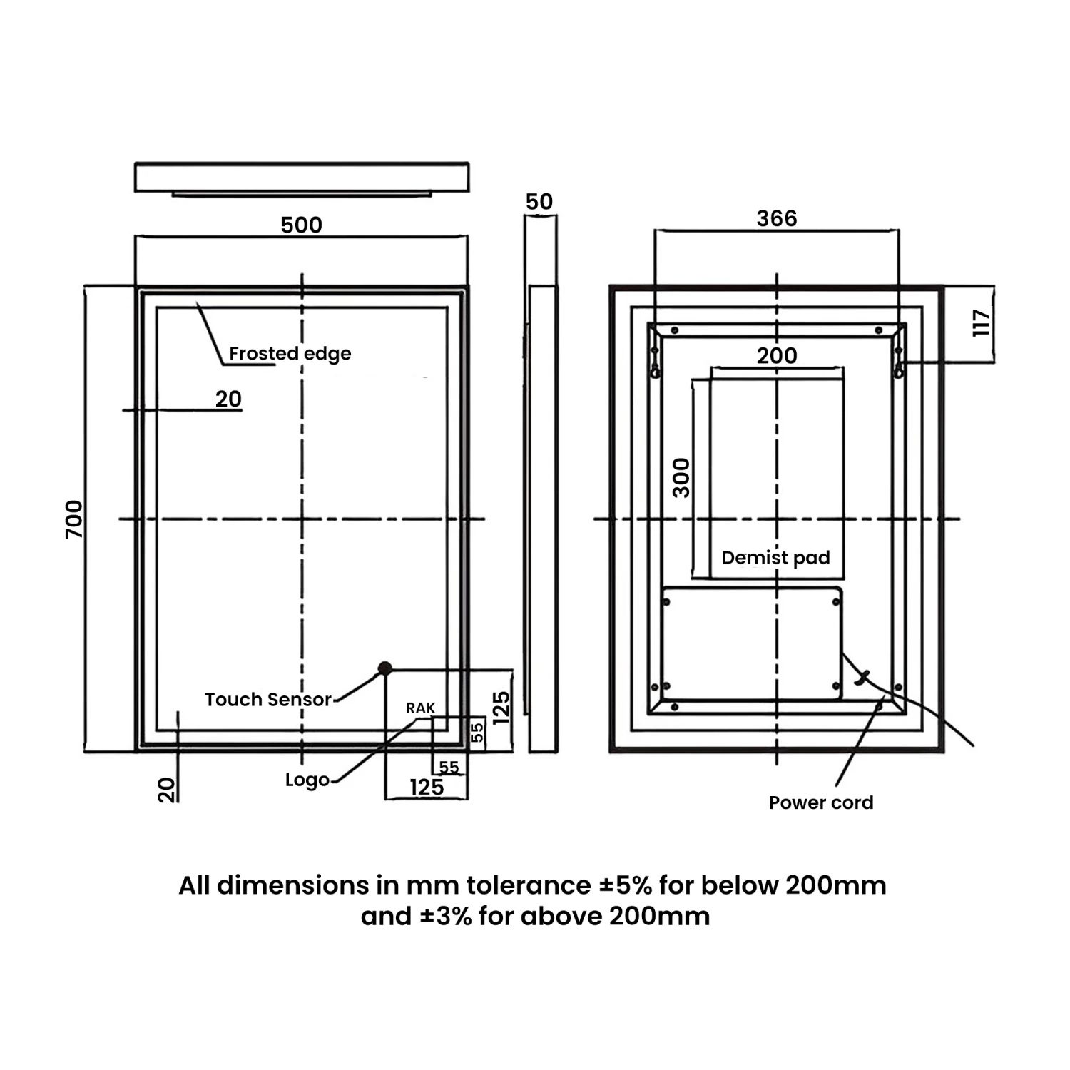 RAK Picture Square LED Illuminated Bathroom Mirror With Demister Pad 700mm H X 500mm W - Brushed Gold 3 RAK Picture Square LED Illuminated Bathroom Mirror With Demister Pad 700mm H X 500mm W - Brushed Gold