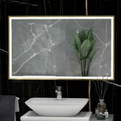 RAK Picture Square LED Illuminated Bathroom Mirror With Demister Pad 600mm H X 1200mm W - Brushed Gold