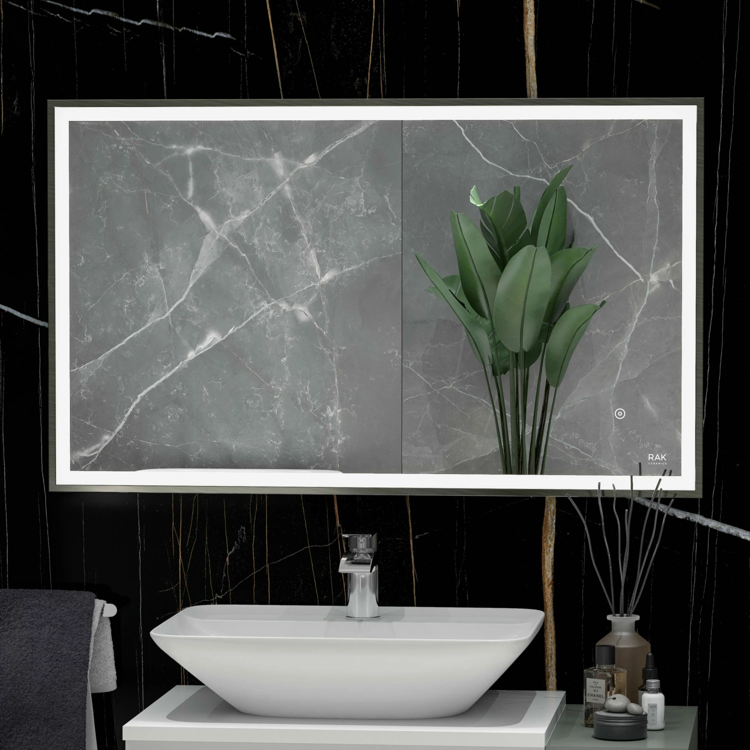 RAK Picture Square LED Illuminated Bathroom Mirror With Demister Pad 600mm H X 1200mm W - Brushed Nickel 3 RAK Picture Square LED Illuminated Bathroom Mirror With Demister Pad 600mm H X 1200mm W - Brushed Nickel