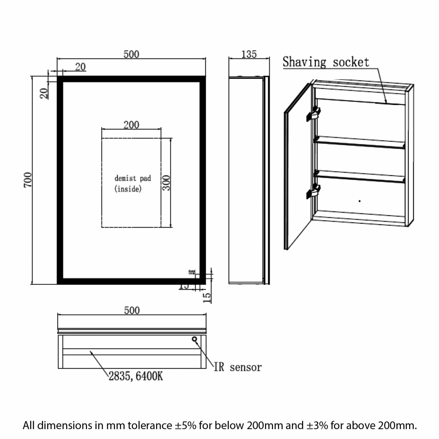 RAK Pisces 1-Door Mirrored Bathroom Cabinet 700mm H X 500mm W 3 RAK Pisces 1-Door Mirrored Bathroom Cabinet 700mm H X 500mm W