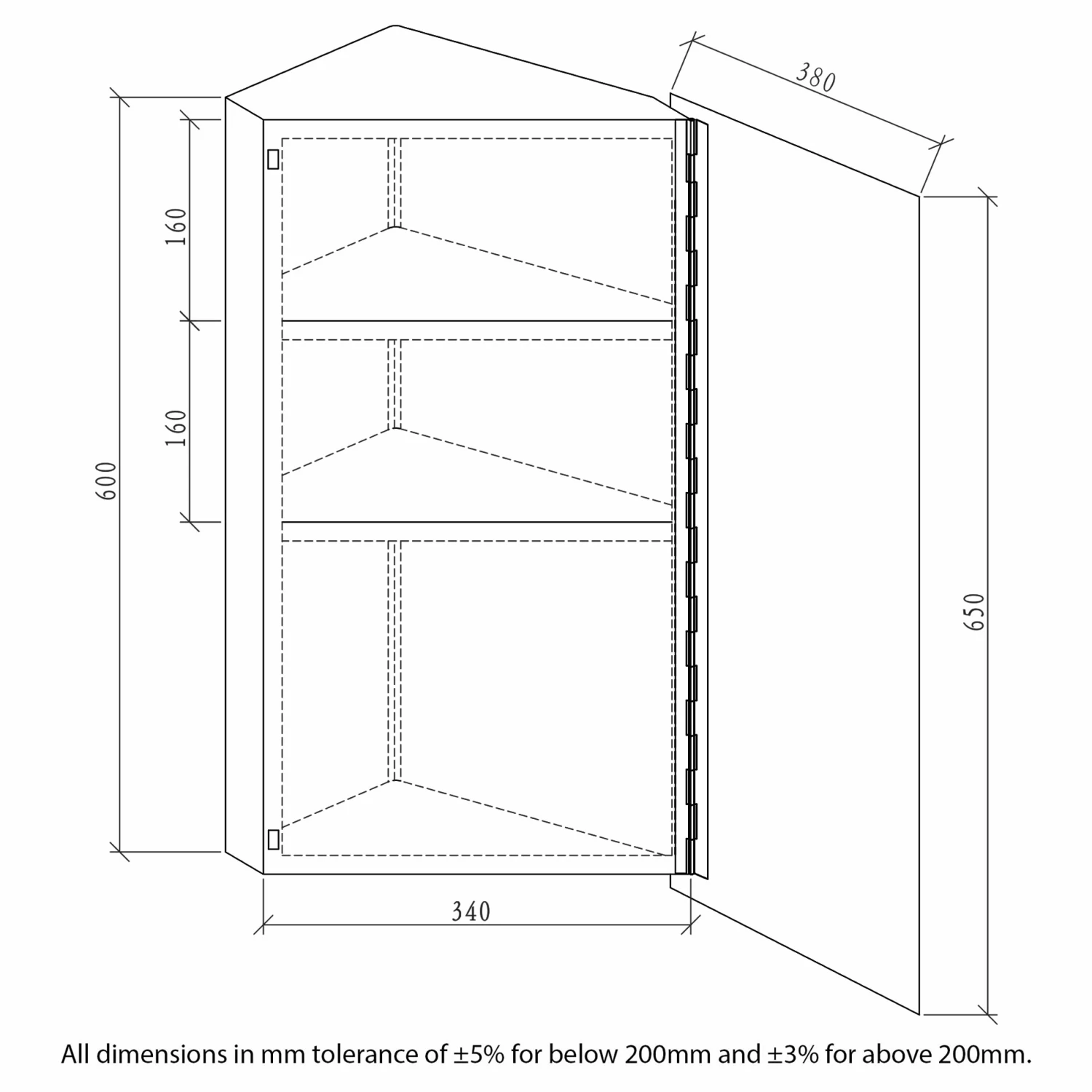 RAK Riva Single Corner Cabinet With Mirrored Door 650mm H X 380mm W 3 RAK Riva Single Corner Cabinet With Mirrored Door 650mm H X 380mm W