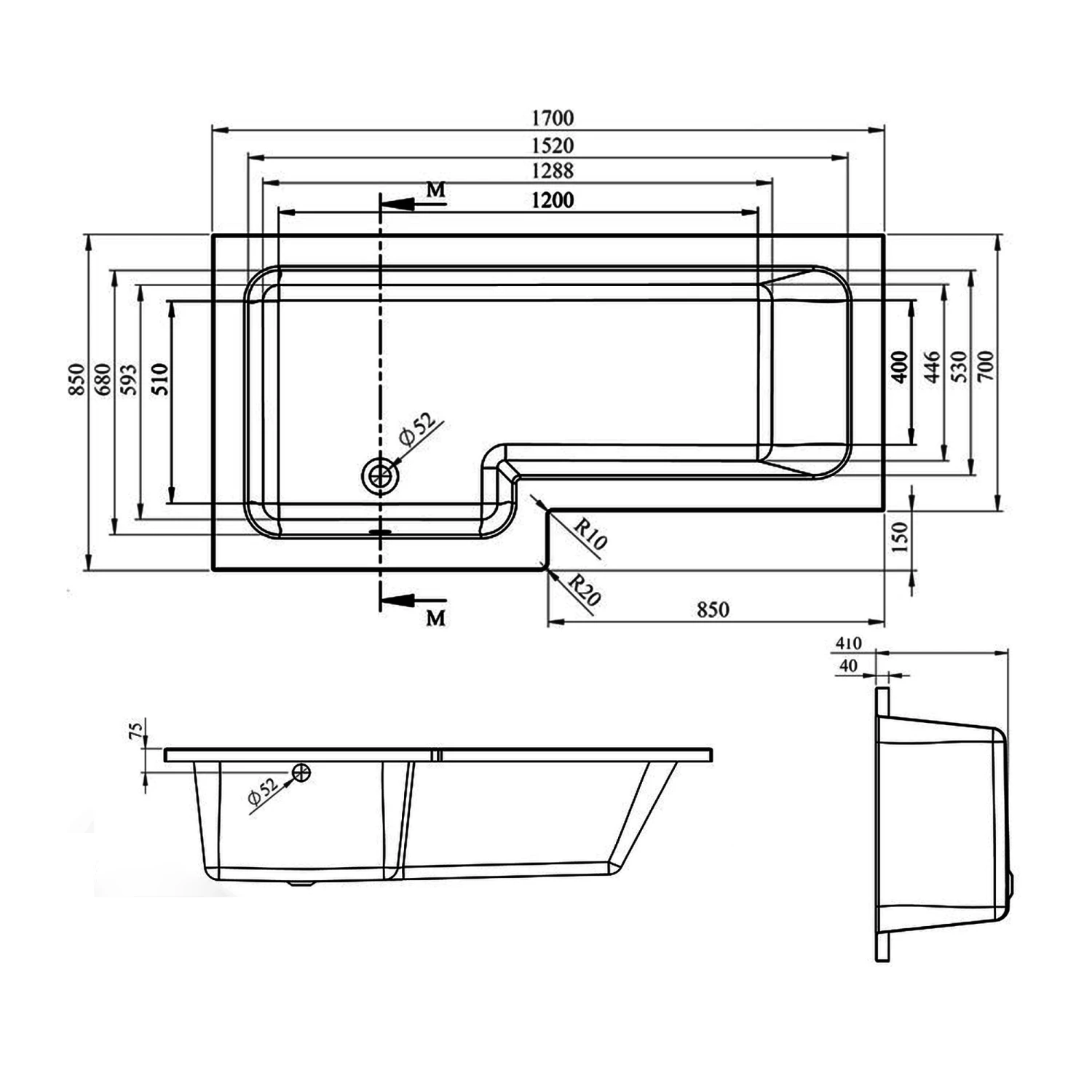 Signature Breeze L-Shaped Shower Bath With Front Panel And Screen 1700mm X 700mm/850mm - Left Handed 3 Signature Breeze L-Shaped Shower Bath With Front Panel And Screen 1700mm X 700mm/850mm - Left Handed