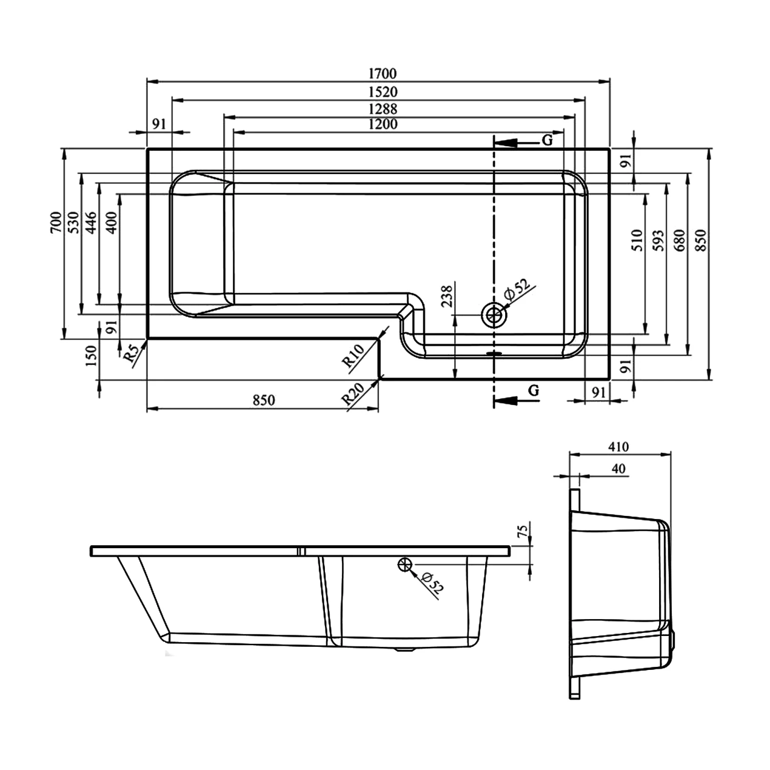 Signature Breeze L-Shaped Shower Bath With Front Panel And Screen 1700mm X 700mm/850mm - Right Handed 4 Signature Breeze L-Shaped Shower Bath With Front Panel And Screen 1700mm X 700mm/850mm - Right Handed - Image 2
