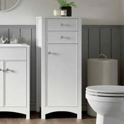 Signature Copenhagen Floor Standing 1-Door And 2-Drawer Tall Boy Unit 465mm Wide - Satin White Ash -HEATANDPLUMB Sales signature copenhagen bathroom furniture unit sign2590