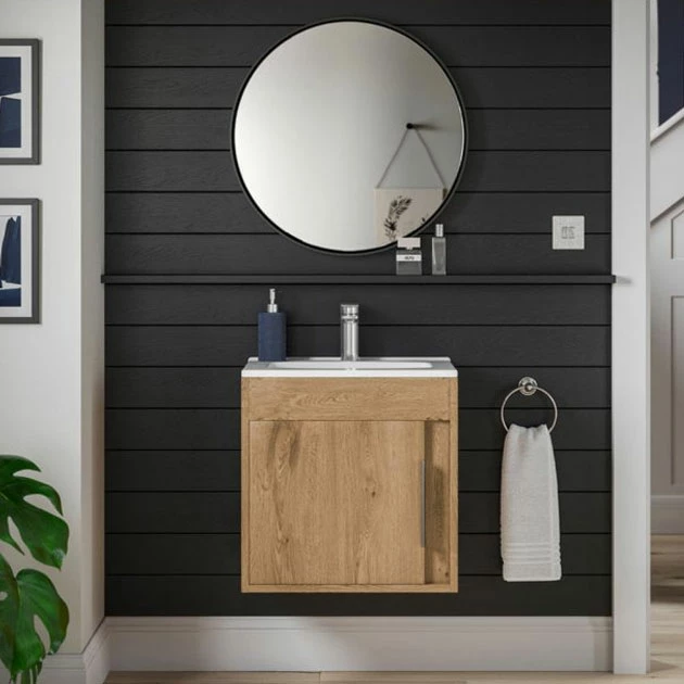 Signature Helsinki Wall Hung 1-Door Vanity Unit With Basin 510mm Wide - Seville Oak 3 Signature Helsinki Wall Hung 1-Door Vanity Unit With Basin 510mm Wide - Seville Oak