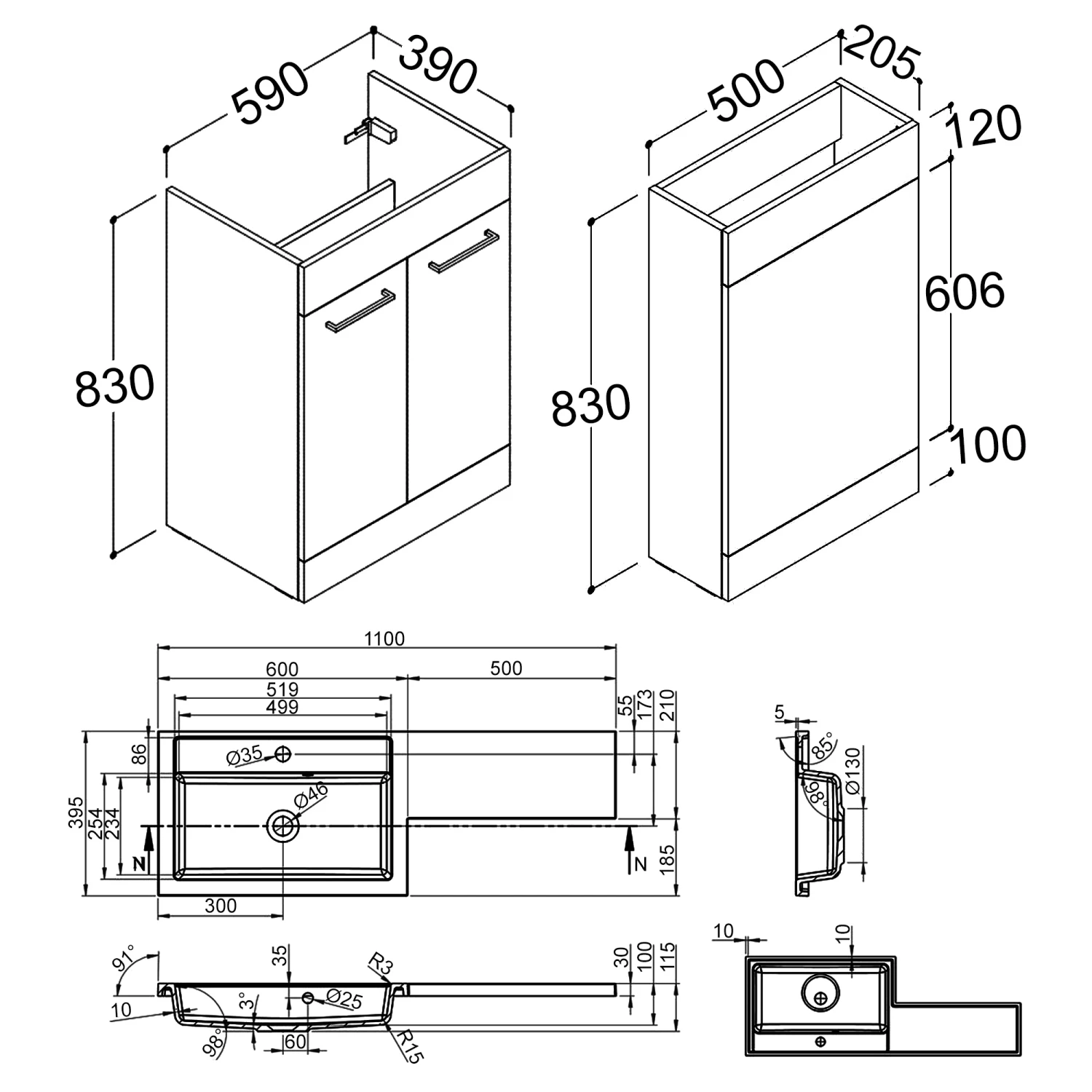 Signature Gothenburg LH Combination Unit With Polymarble Basin 1100mm Wide - Anthracite Gloss 3 Signature Gothenburg LH Combination Unit With Polymarble Basin 1100mm Wide - Anthracite Gloss