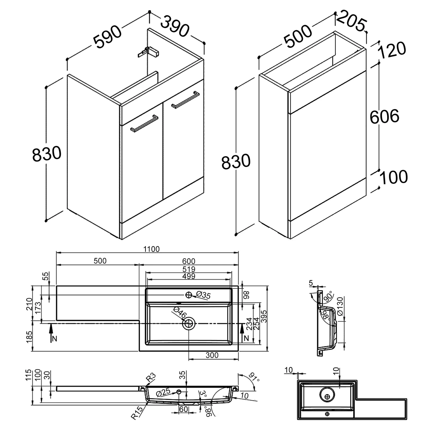 Signature Gothenburg RH Combination Unit With Polymarble Basin 1100mm Wide - Anthracite Gloss 5 Signature Gothenburg RH Combination Unit With Polymarble Basin 1100mm Wide - Anthracite Gloss - Image 3