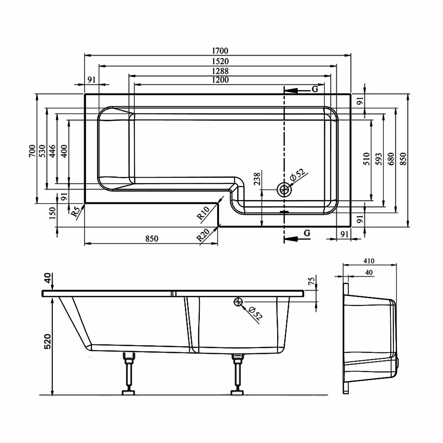 Signature Hermes L-Shaped Shower Bath With Front Panel And Screen 1700mm X 700mm/850mm - Right Handed 3 Signature Hermes L-Shaped Shower Bath With Front Panel And Screen 1700mm X 700mm/850mm - Right Handed