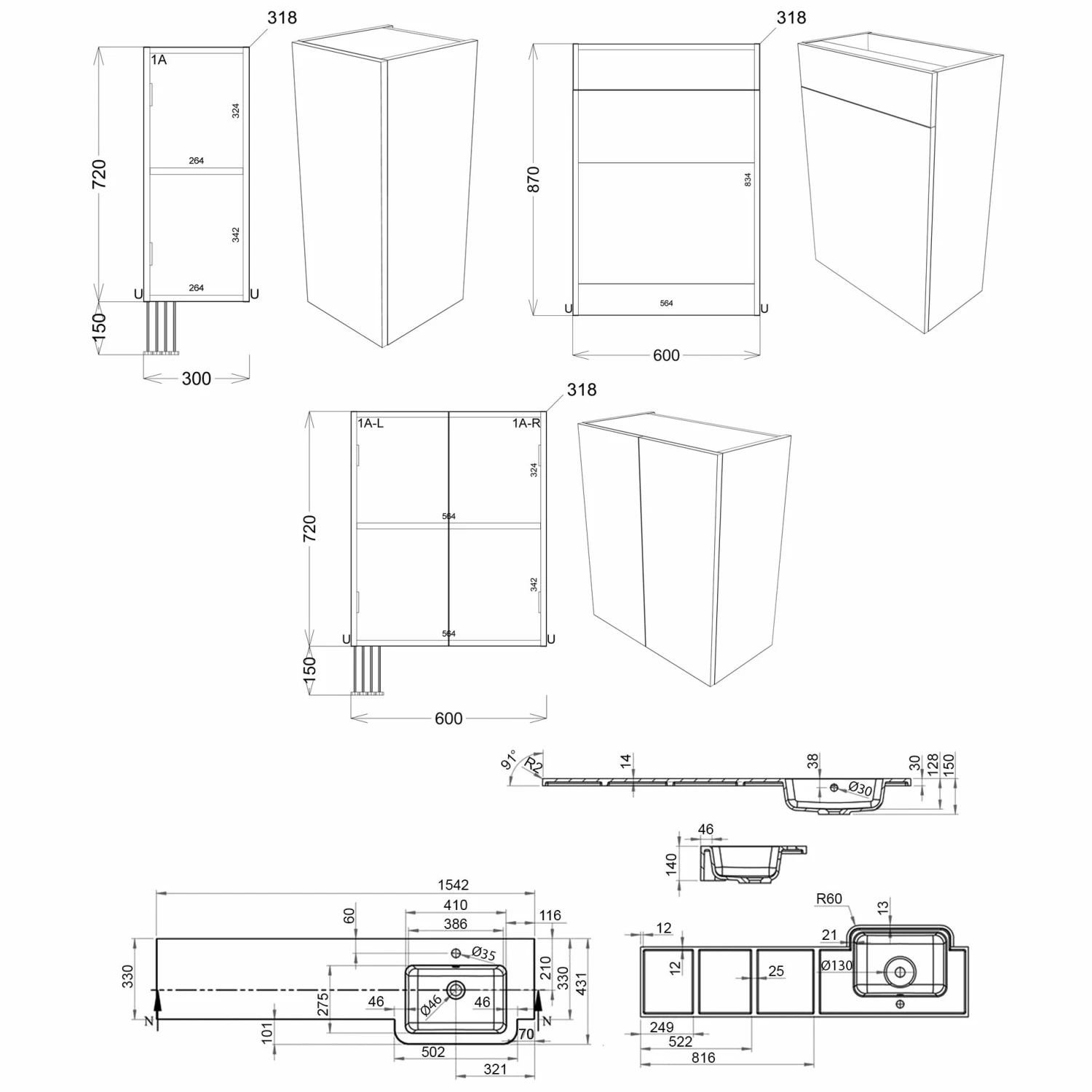Signature Oslo RH 3-Door Combination Unit With Basin 1542mm Wide - Light Grey Gloss 3 Signature Oslo RH 3-Door Combination Unit With Basin 1542mm Wide - Light Grey Gloss