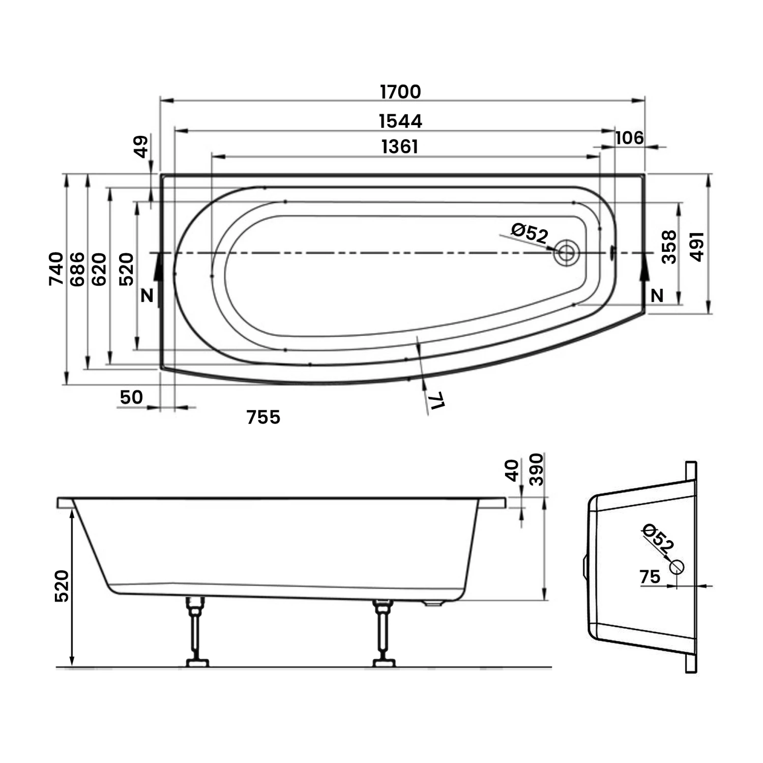 Signature Sustain Spacesaver Rectangular Bath 1700mm X 491mm/740mm Left Handed - 0 Tap Hole 5 Signature Sustain Spacesaver Rectangular Bath 1700mm X 491mm/740mm Left Handed - 0 Tap Hole - Image 3