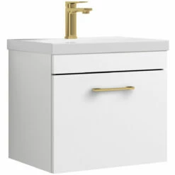 Signature Versa Trim Wall Hung 1-Drawer Vanity Unit With Basin And Brass Handle - 500mm Wide - Gloss White -HEATANDPLUMB Sales signature versa vanity unit vrtbr50wh1