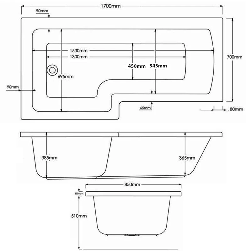 Delphi Berg L-Shaped Shower Bath 1700mm X 700/850mm - Left Handed 3 Delphi Berg L-Shaped Shower Bath 1700mm X 700/850mm - Left Handed