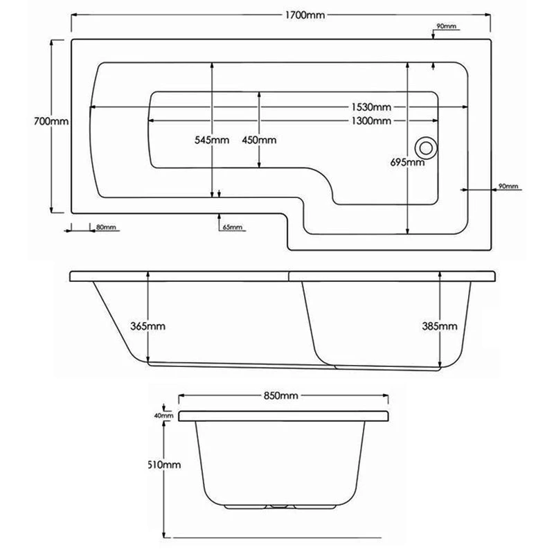 Delphi Berg L-Shaped Shower Bath 1700mm X 700/850mm - Right Handed 3 Delphi Berg L-Shaped Shower Bath 1700mm X 700/850mm - Right Handed