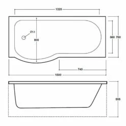Delphi Zeya P-Shaped Premier Shower Bath 1500mm X 700/800mm - Left Handed