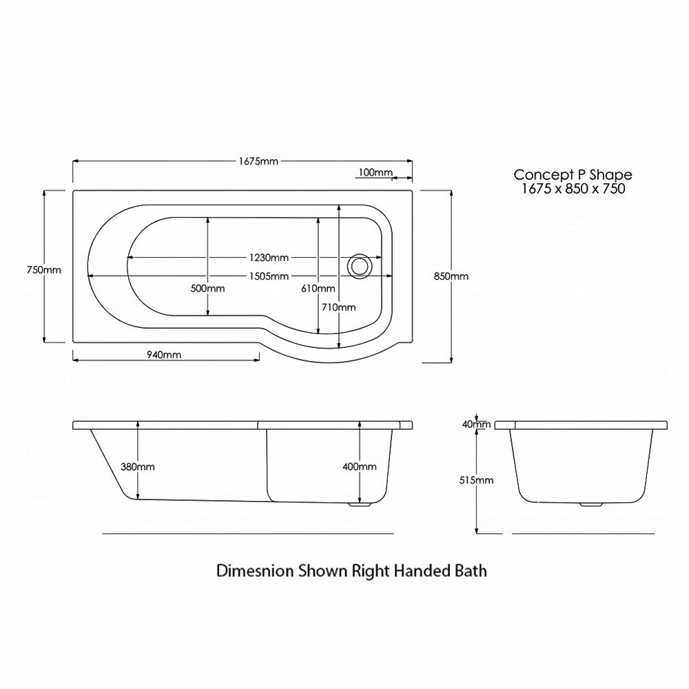 Trojan Concert P-Shaped Shower Bath 1675mm X 750mm/850mm Left Handed - No Tap Hole 4 Trojan Concert P-Shaped Shower Bath 1675mm X 750mm/850mm Left Handed - No Tap Hole - Image 2