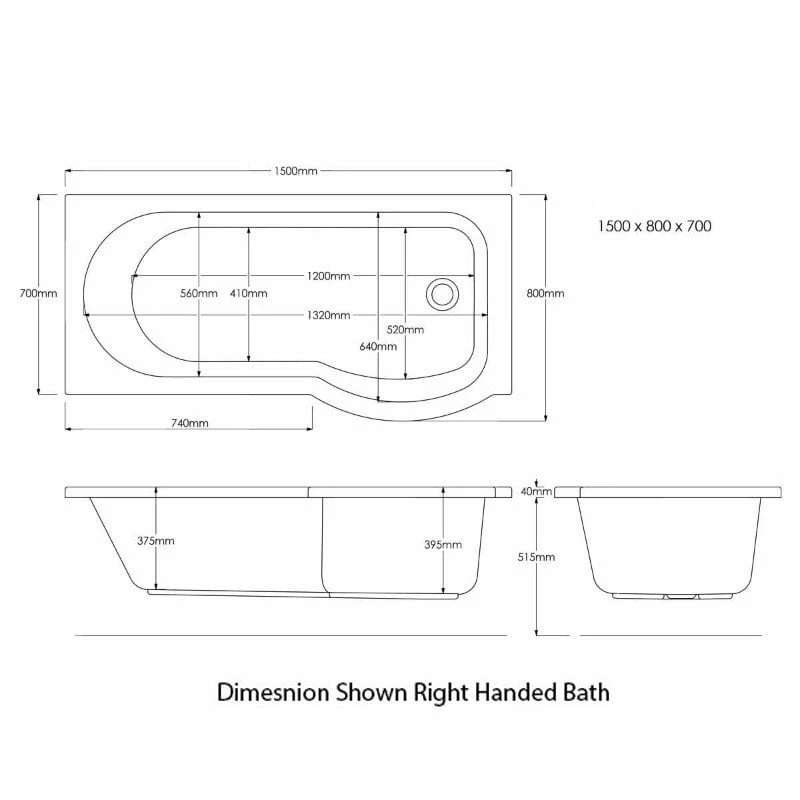 Trojan Concert P-Shaped Shower Bath 1500mm X 700mm/800mm Left Handed - No Tap Hole 3 Trojan Concert P-Shaped Shower Bath 1500mm X 700mm/800mm Left Handed - No Tap Hole