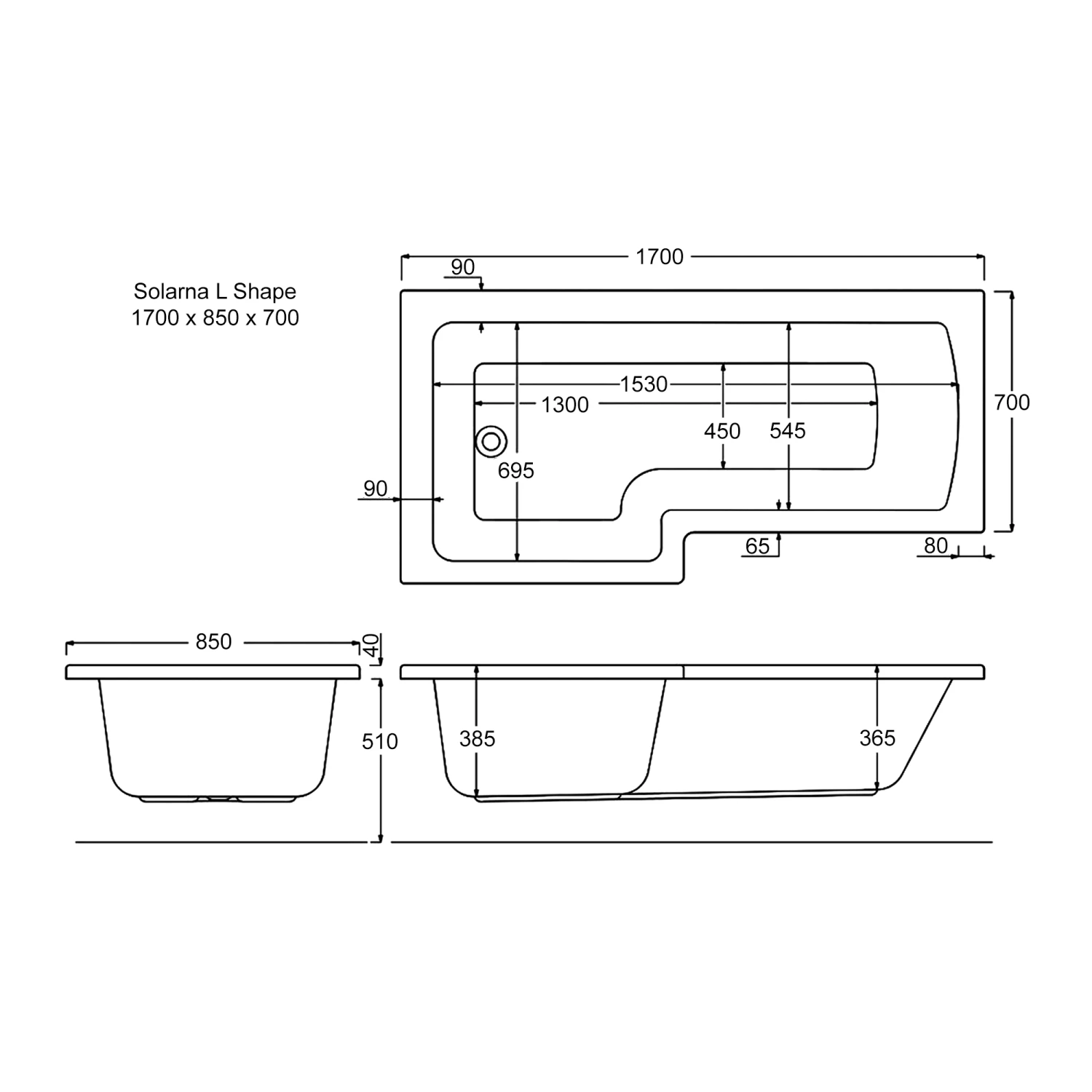 Trojan Solarna L-Shaped Shower Bath 1700mm X 700mm/850mm Left Handed - No Tap Hole 4 Trojan Solarna L-Shaped Shower Bath 1700mm X 700mm/850mm Left Handed - No Tap Hole - Image 2